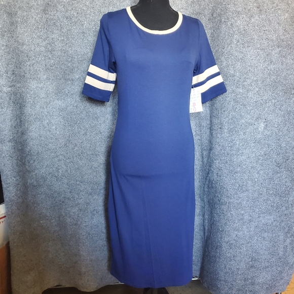 LULAROE JULIA DRESS NAVY BLUE WITH TAN SPORTS STRIPES ON SLEEVES SZ S NWT - Picture 2 of 8